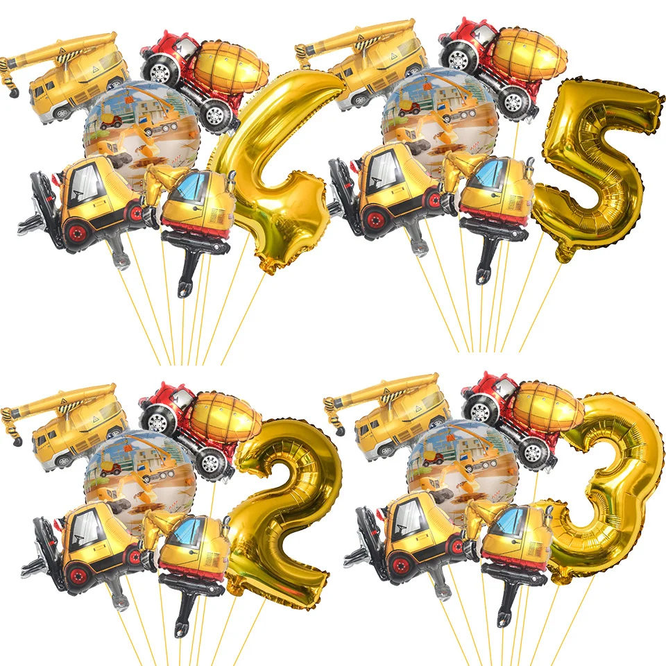 7-teiliges Karton-Ballon-Set für Baufahrzeuge mit 32-Zoll-Gold-Zahlenballon für Geburtstagsparty-Dekoration mit Baumotiv für Jungen