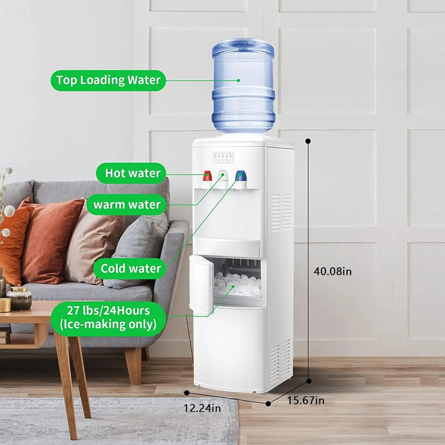 Cooler Dispenser with Built-in Ice Maker, Hot and Cold Top Loading 3 to 5 Gallon Bottle Water Dispenser,27LBS/24H Ice Maker Mach 3