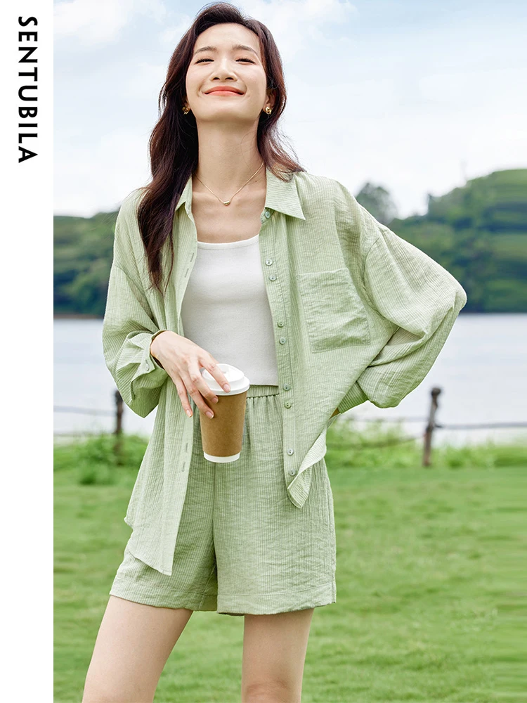 SENTUBILA Short Sets Women 2 Piece Outfits 2024 Casual Fashion Vacation Clothes Green Texture Woven Oversize Shirt Matching Sets woven together