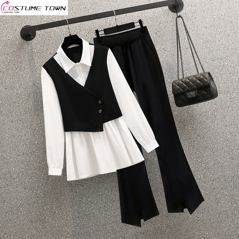 Temperament Women's Suit 2023 Spring and Autumn New Korean Version Slim Fake Two-piece Vest Shirt Micro Pants Two-piece Suit african women s plus size ol commuter temperament fake two piece set hot drill fashion professional wind bag hip skirt s9750