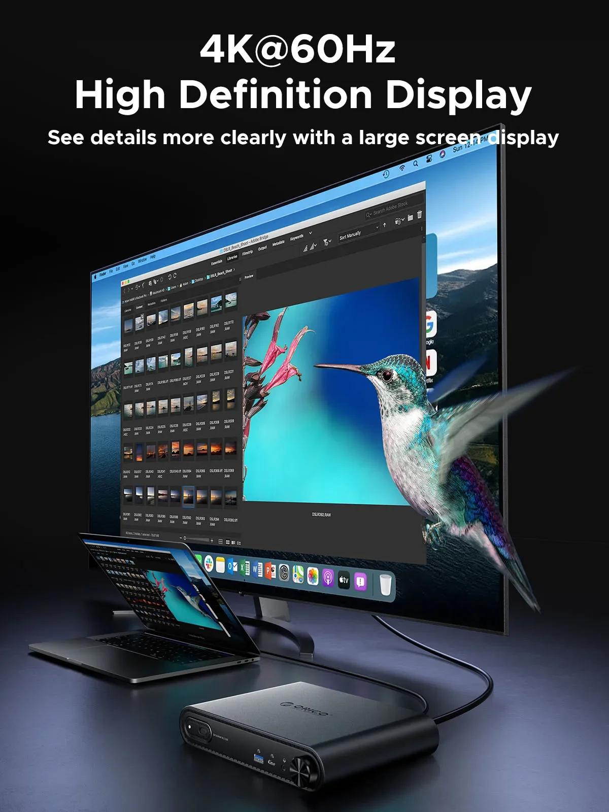 ORICO M.2 NVMe SSD Case 10 in 1 USB C Docking Dtation with PD100W Charging Ethernet 4K60Hz HDMI-com 3.5mm Audio Volume Control 3