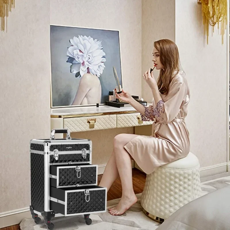 mefeir Aluminum Rolling Makeup Train Case Travel Beauty Luggage Trolley Lockable w/4 Removable Wheels & 2 Sliding Drawers 2