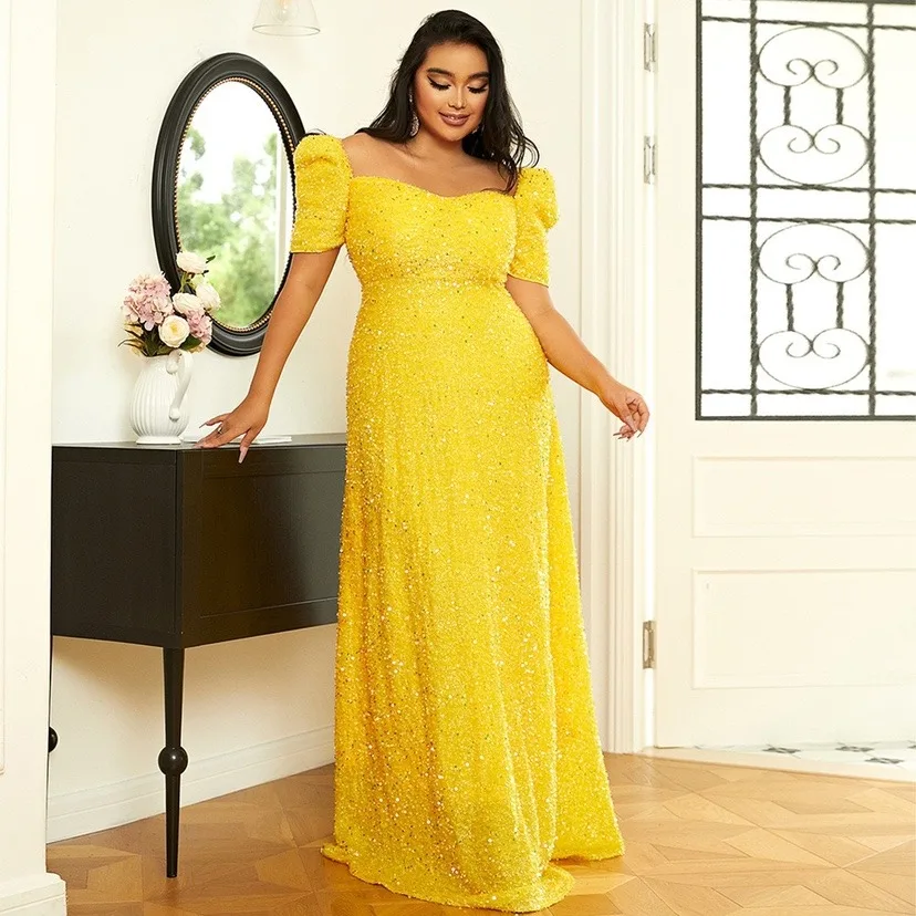 2023 Plus Size Round Neck Short Sleeve Yellow Shiny Sequin Evening