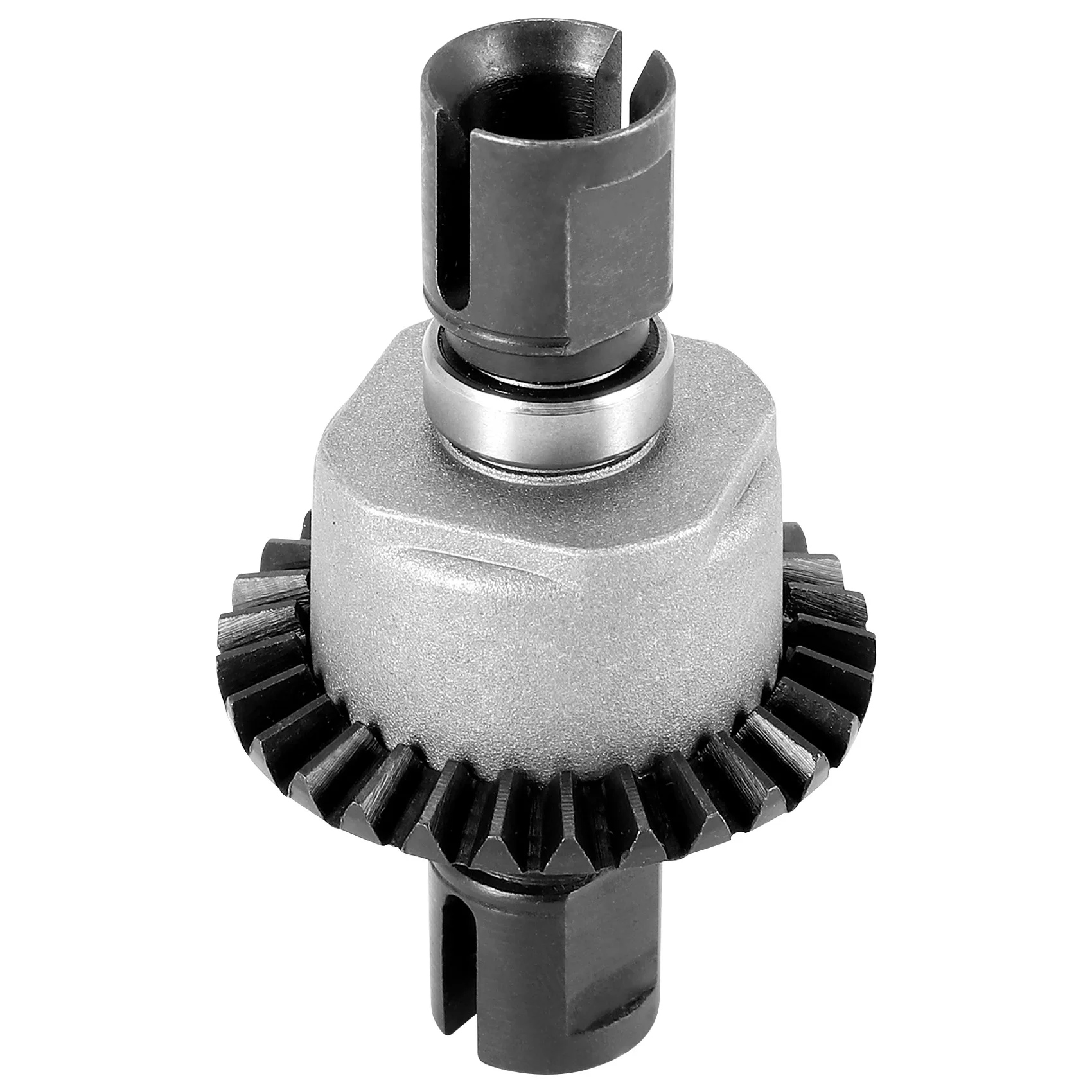 Pièces du kit différentiel métal pour voiture RC 1/8, alignées sur un plan de travail.