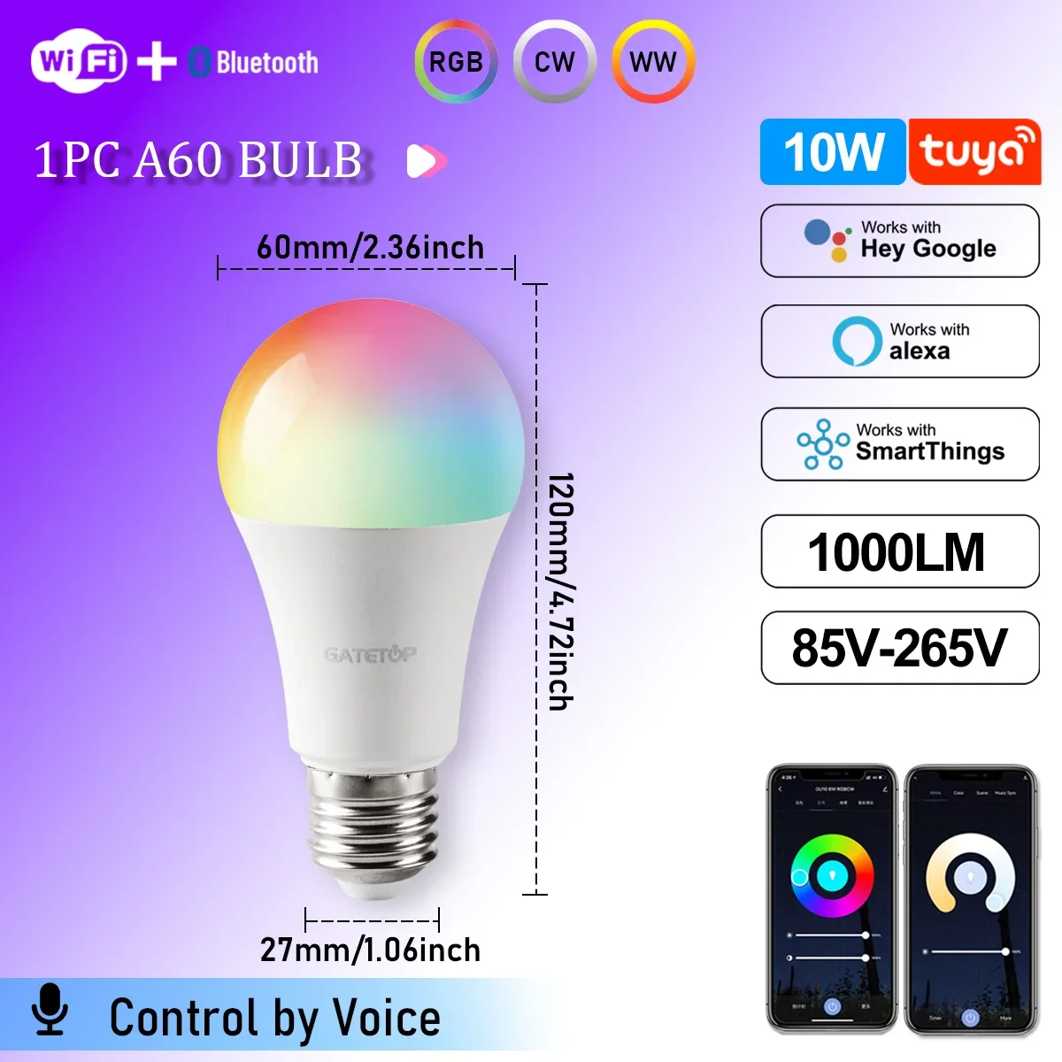 Ampoule LED E27 RGB, 1 à 10 pièces, Tuya WIFI, lumière variable, 10W, 2700-6500K, application Smart Life, voix avec Alexa Google Home