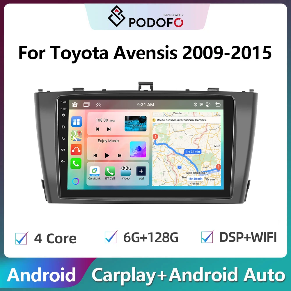 

Podofo 2din Android Car Radio For Toyota Avensis 2009-2015 6G+128G Carplay Stereo Player Autoradio WIFI GPS Navigation FM/RDS