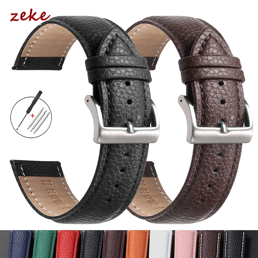 Premium Genuine Leather Litchi Grain Wristwatch Band - Black, Blue, Brown Strap