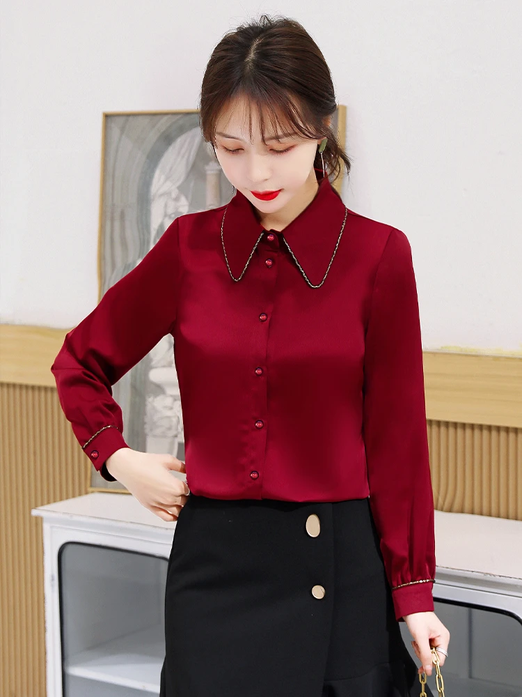 Satin Elegant Blouse Women Spring OL Shirts Doll Collar Shirt Long-sleeve  Blouses Silk Shirt Fashion Womens Tops Female Clothing