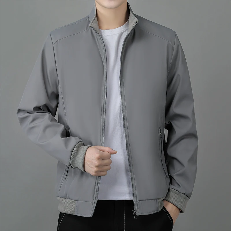 

New Men's Spring Solid Color Standing Neck Long Sleeved Threaded Cuffs Autumn Business Casual Versatile Commuting Jacket Top