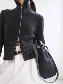 Cardigan minimaliste en cachemire tricoté à col haut avec double fermeture éclair pour femme, manches longues, bas, nouveau manteau d'automne et d'hiver