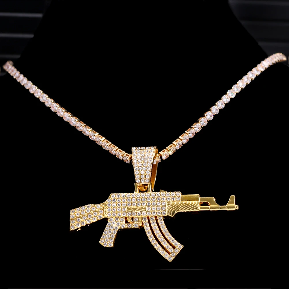 Men Women Hip Hop AK47 Gun Pendant Necklace with 13mm Cuban Chain HipH