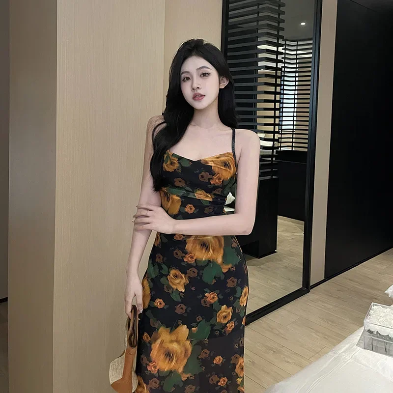 2024 Summer Women Beach Outings  Retro Rose Backless Halter Dress New Slim Fit Skirt Floral Spandex Wear Swimsuit CSM10JY23741