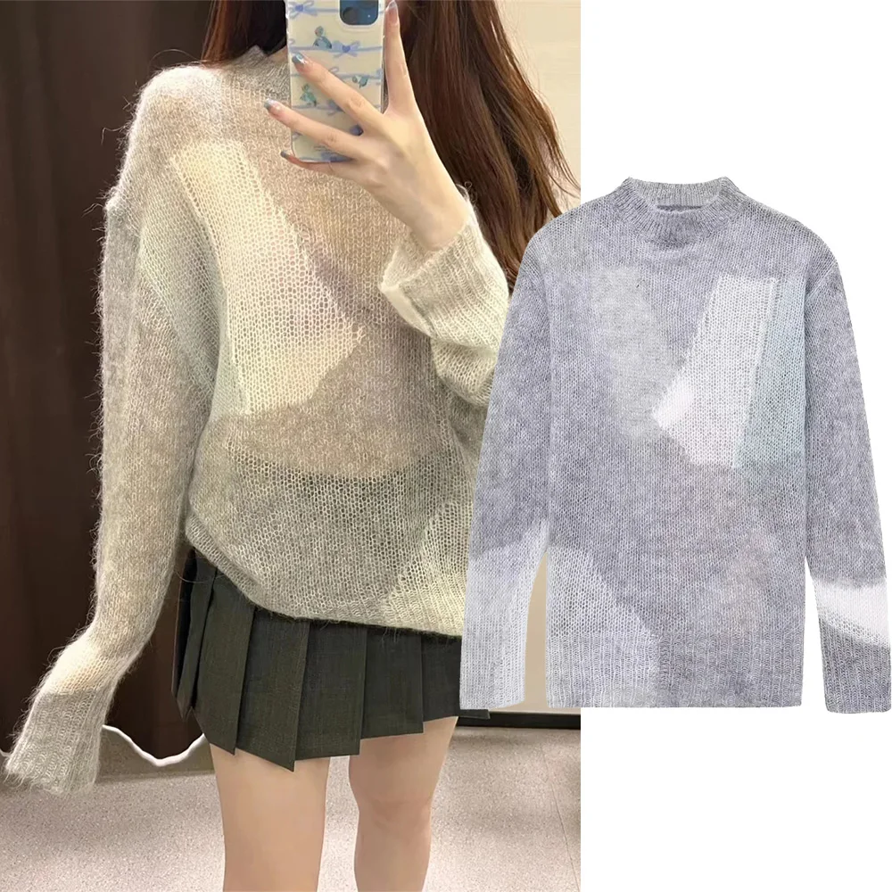 

TRAF Fashion Women Sweaters 2023 Vintage Print Round Neck Knit Pullovers Female Clothing Long Sleeve Hollow Tops Autumn Knitwear