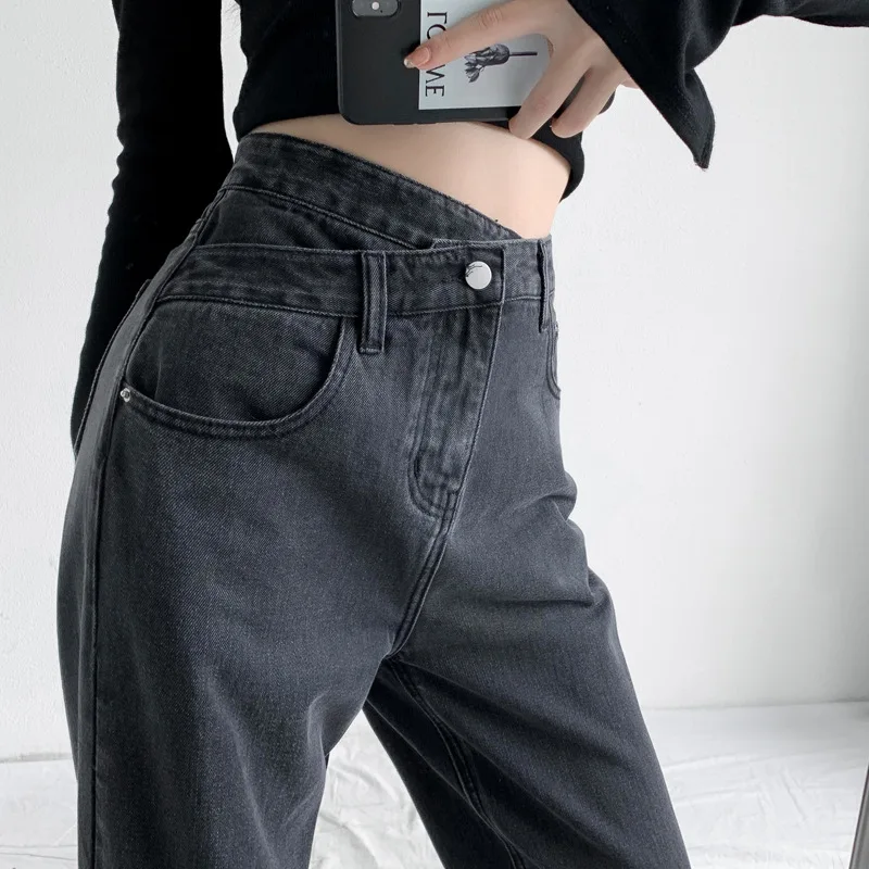 Women's Jeans Irregular Cross Waist High Waisted Thin Straight Drape Drag Trousers