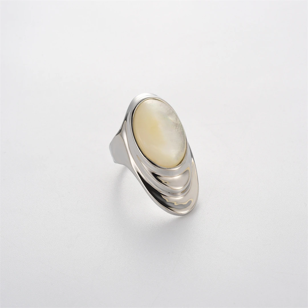 European Influencer Fashion Silver Jewelry Set Natural White Shell 925 Silver Chunky Ring Big Ear Stud Crystal Hanger Earring