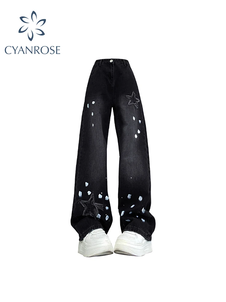 

Women Black Gothic Jeans Star Baggy Vintage 90s Aesthetic Cowboy Pants Harajuku Denim Trousers Y2k Trashy Emo 2000s Clothes 2024