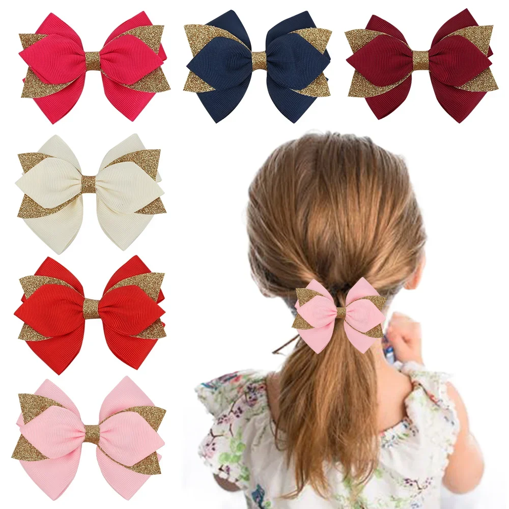 

ncmama Hair Clips for Girls Children Solid Color Glitter Grosgrain Hair Bows Hairclip Hair Accessories Headwear 3*4 Inches 2 PCS