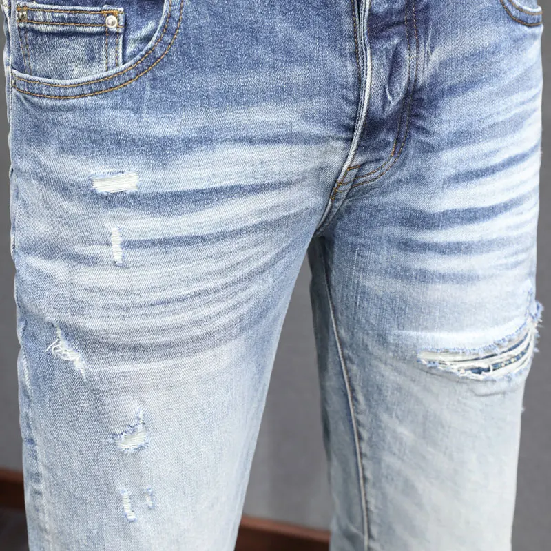 Streetwear Fashion Men Jeans Retro Washed Blue Stretch Skinny Fit Ripped Jeans Men Patched Designer Hip Hop Brand Pants Hombre