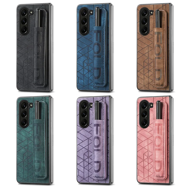 Fashion Hard PC Phone Case Wrist Strap PU Leather Cover For Samsung Galaxy Z Fold 6 5 4 3 with S Pen Holder & Finger Grip/no Pen | Gaffar India