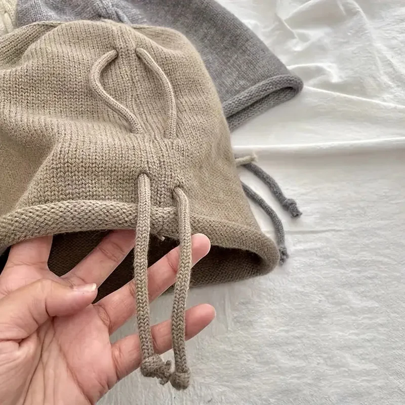 Fashion Drawstring Baggy Slouchy Beanie Bonnet For Women Solid Color Casual Knitted Woolen Skullies Caps