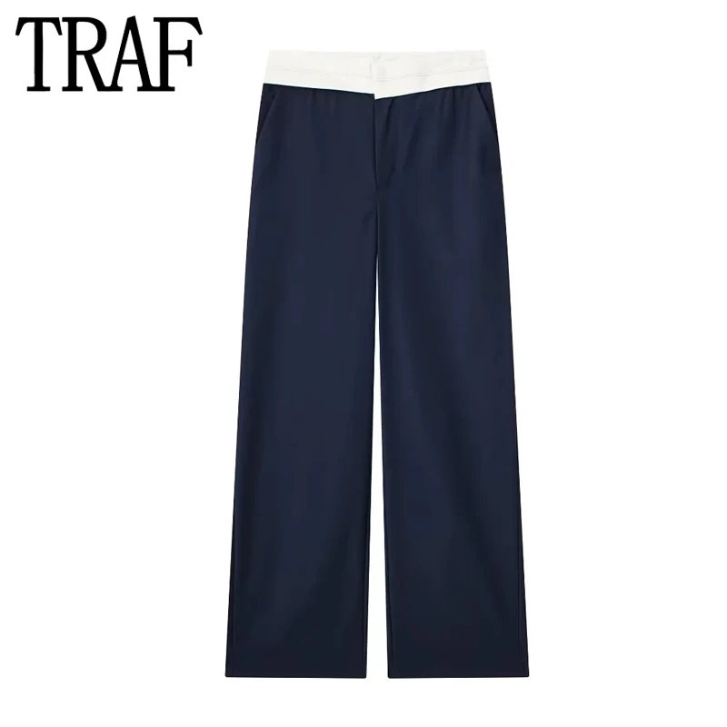 TRAF Women\'s Pants Contrast Baggy Pants Woman Fashion Mid-Waist Autumn Pants Straight Leg Office Wear Women\'s Formal Trousers