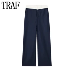 TRAF Women's Pants Contrast Baggy Pants Woman Fashion Mid-Waist Autumn Pants Straight Leg Office Wear Women's Formal Trousers