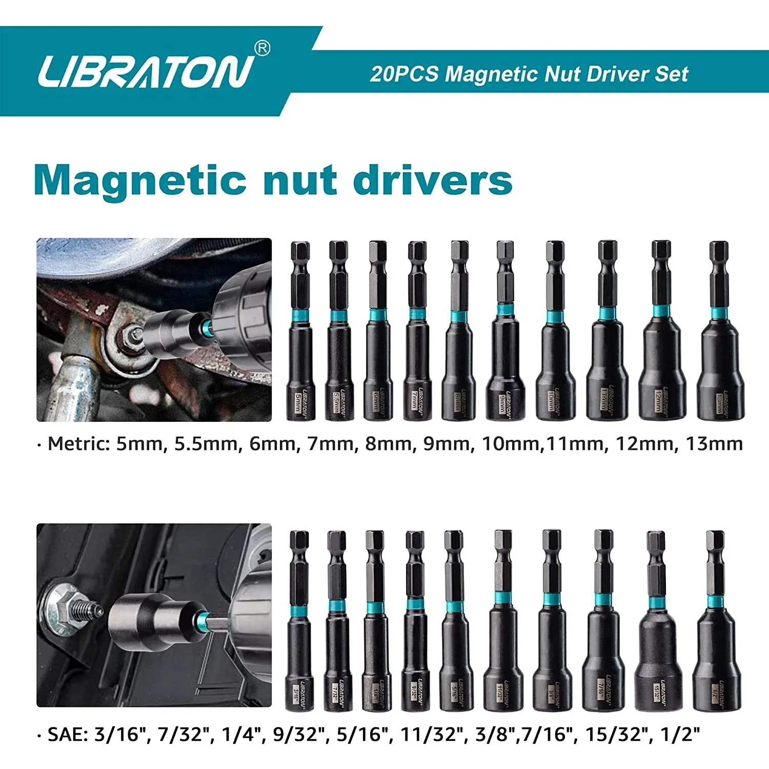 Libraton 20PCS Magnetic Nut Driver Set, Impact Drill Driver Bit Set 1/4" Metric and SAE Nut Driver with Storage Bag Nut Drivers 2