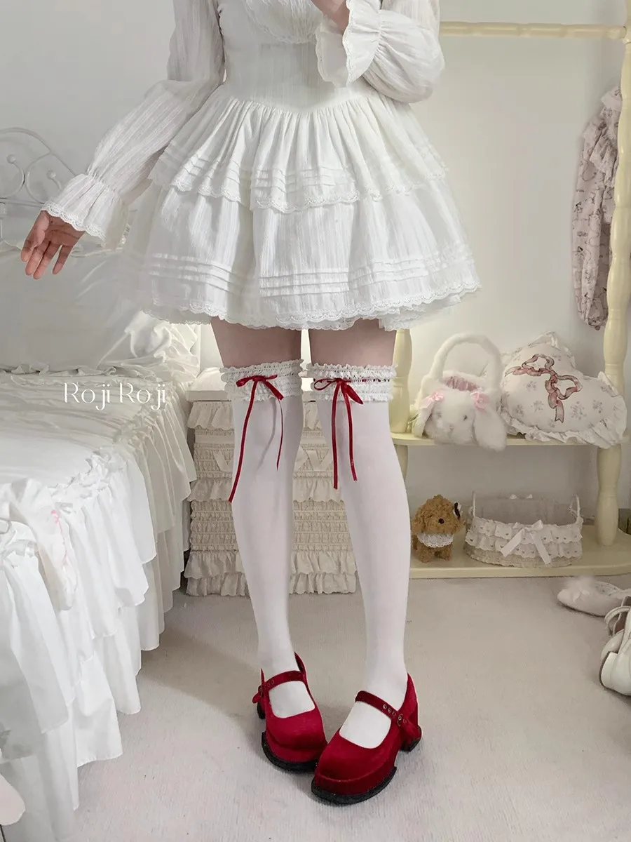 Japanese Gentle Spring Bow Mid Tube Socks Lolita Knee Socks School Girls Kawaii Lace Cotton