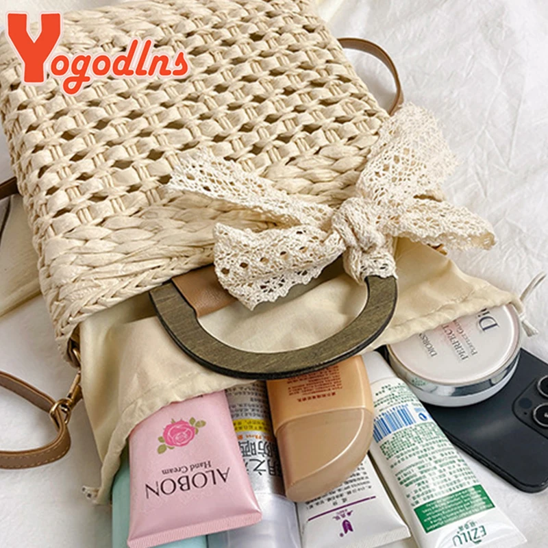 Straw Bag Women Hand-Woven Handbag Small square bag Shape Lace Bow Rattan Capacity Casual Beach Shoulder Crossbody Bag