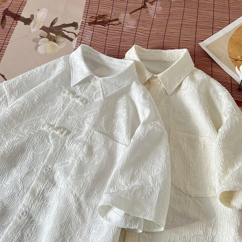 Japanese Harajuku Shirt Summer Ice Silk Short Sleeve Shirt Men's Light Comfortable Tops Cubic Printed Blouses