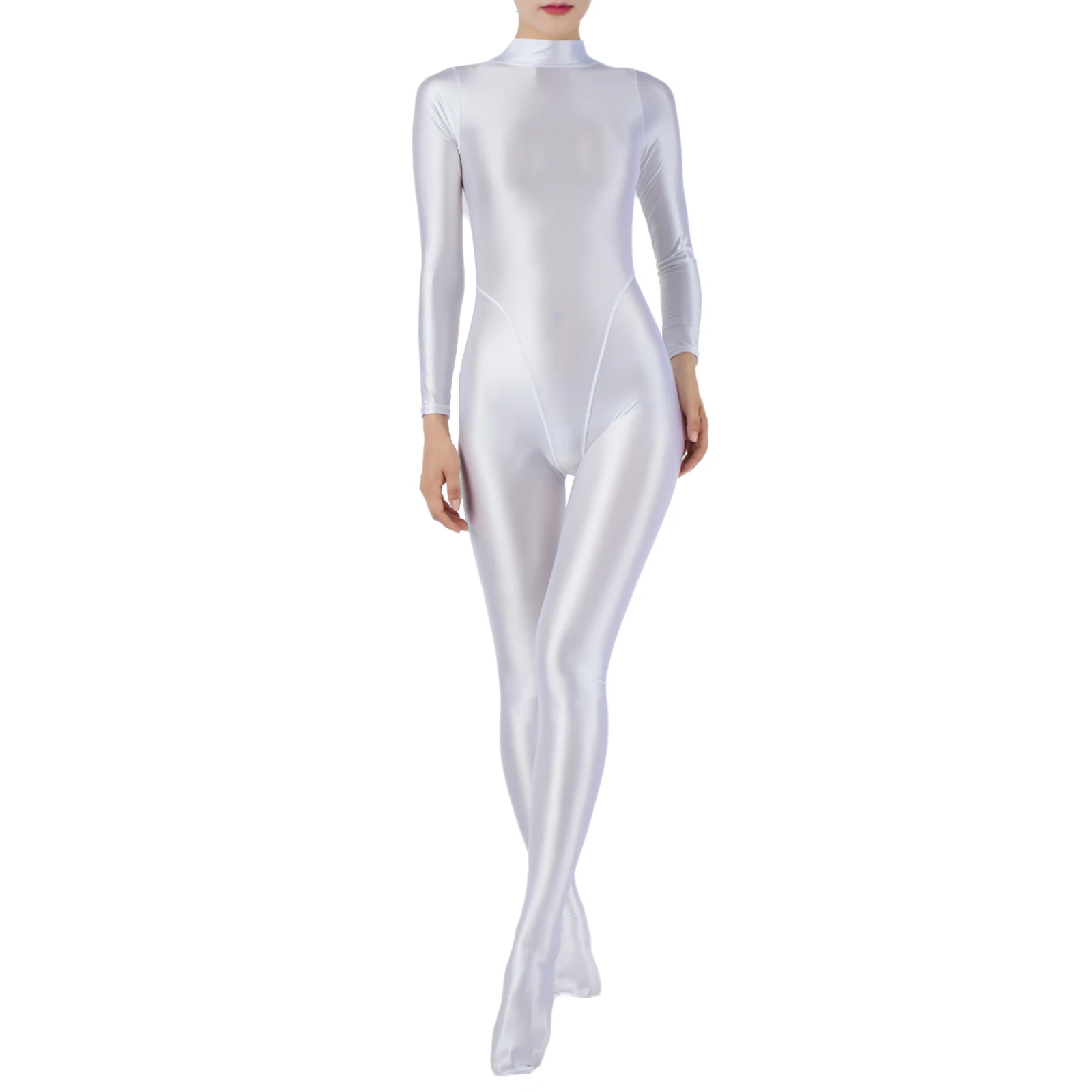 Mono completo brillante al óleo para mujer, lencería, culturismo, gimnasio, Fitness, cuello simulado, mono de manga larga, traje de baño protector contra sarpullidos