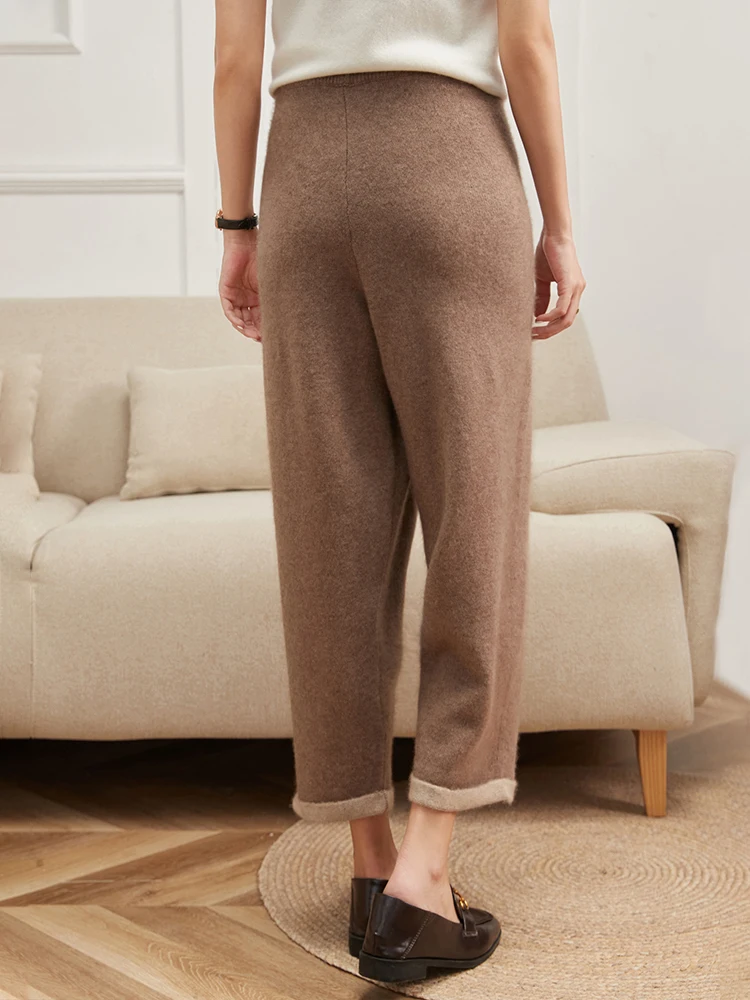 Spring Autumn Granny pants Women 100% Cashmere Pants Soft Comfortable High-Waist Knit Trousers Female  Fashion Wide Leg Pants