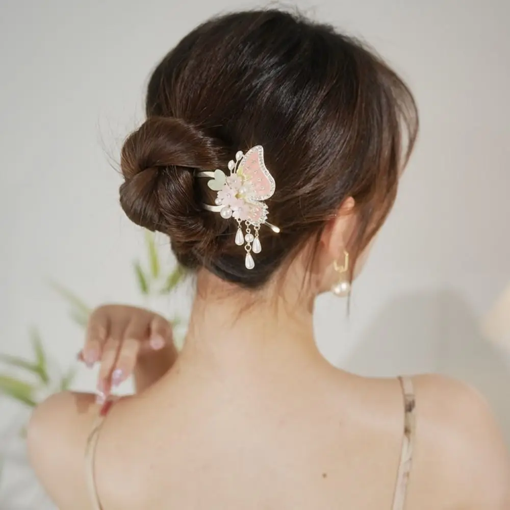 Classic Floral Flowers Hair Stick Tassel Butterfly U Shaped Hair Stick Hair Accessories Metal Hanfu Hair Stick Girl