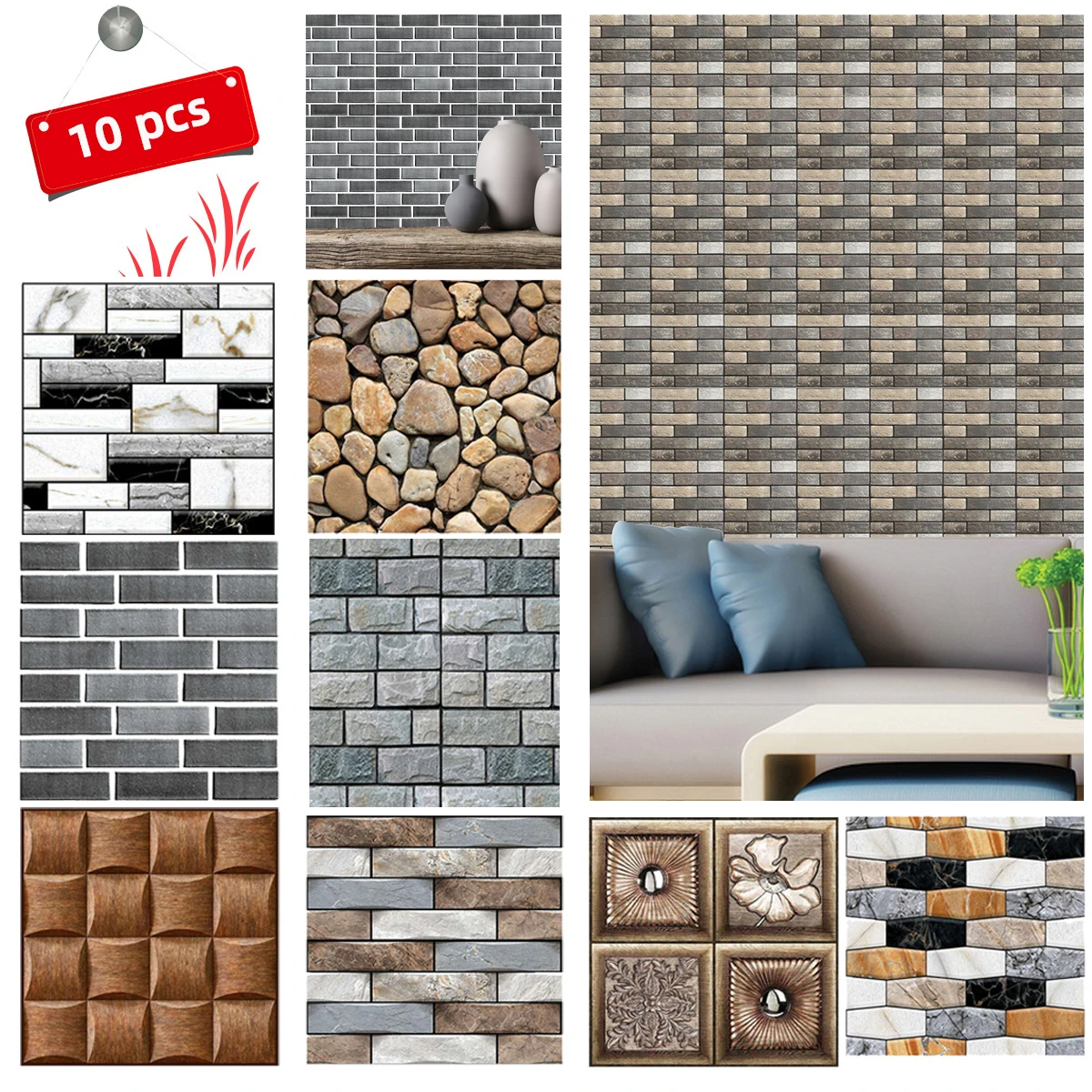 10Pcs3DSelfAdhesiveTileWallStickersWaterproofWallpaper