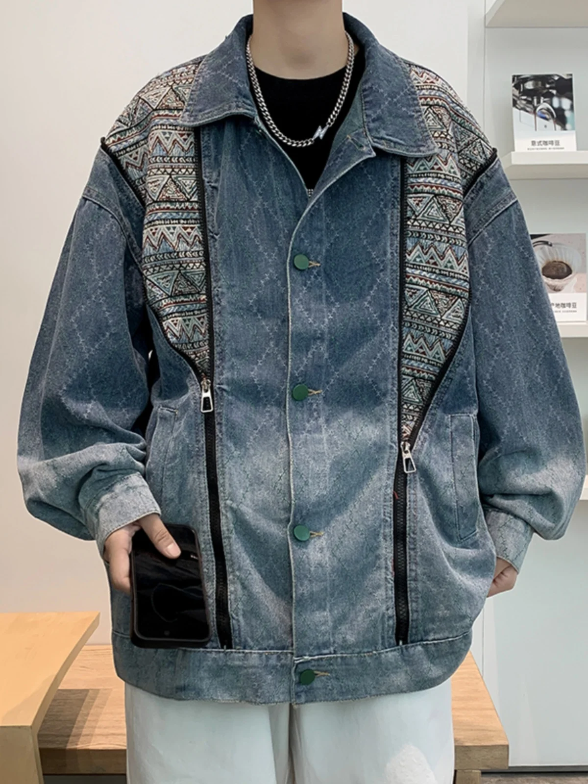 Man Denim Jacket, Spring And Autumn American Vibe Ruffian Double Zip Men's Top Brand Loose Denim Jacket
