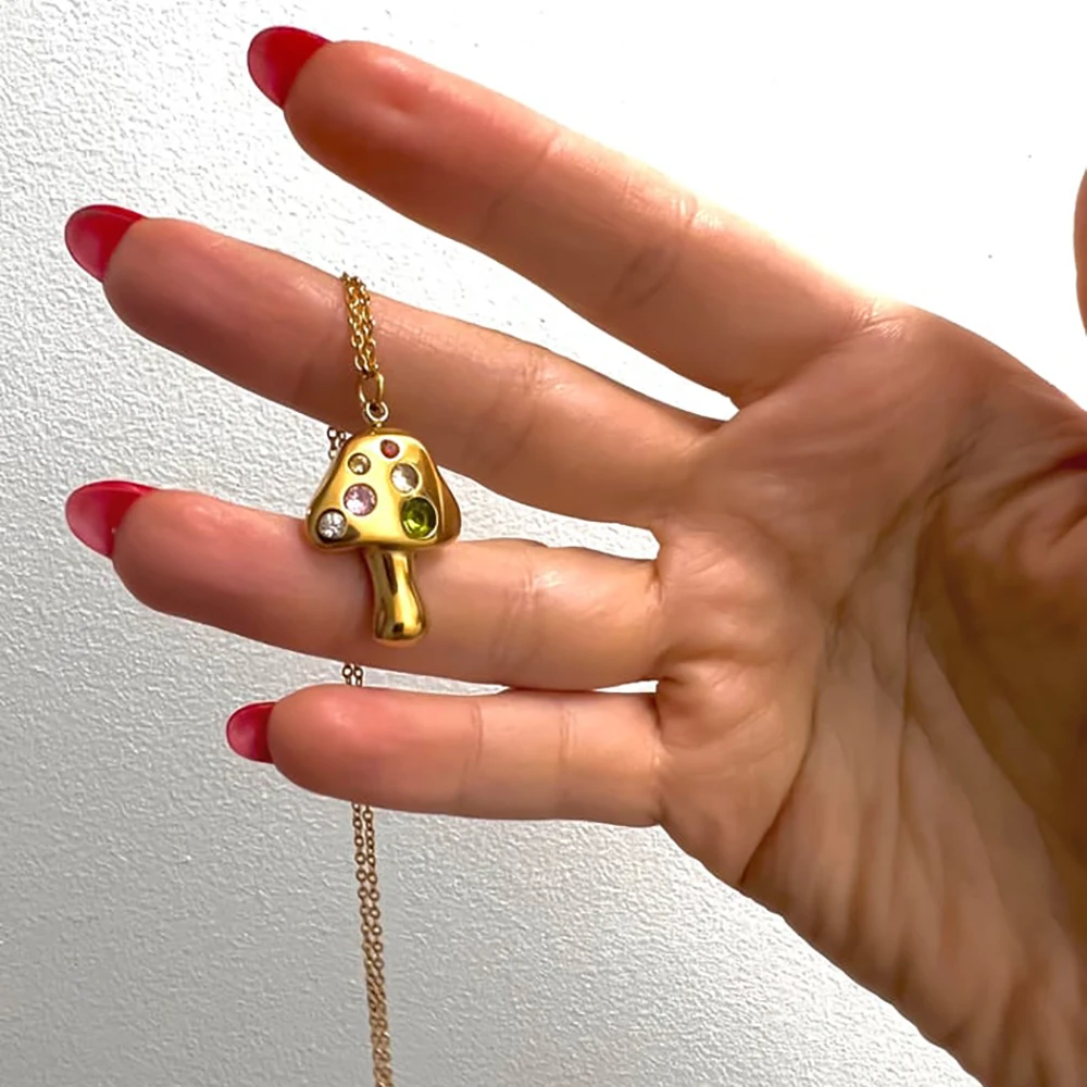 Cute Mushroom Pendant Neckalce for Women Inlaid Multicolored Zircon Geometric Gold Plated Chain Choker Birthday Gift Jewelry