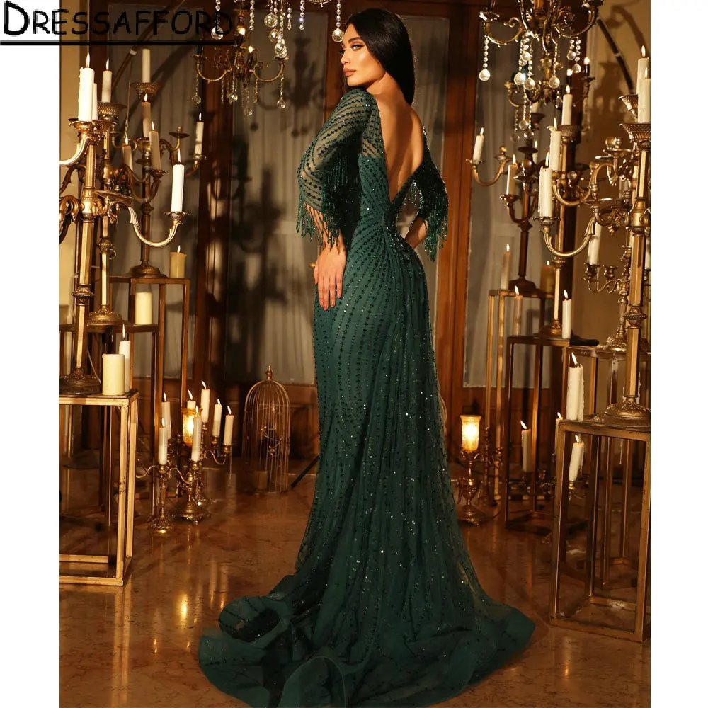 

Изумрудно-Зеленые Бусины искусственные Дубаи Вечерние платья Русалка Иллюзия открытая спина с блестками Саудовский арабский официальный наряд