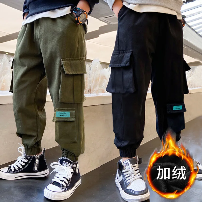 

Autumn Winter Kids Cargo Pants For Boys Black Trousers New Sports Pants Children Korean Thick Pants Clothes 4 6 8 10 12 13 14 Y