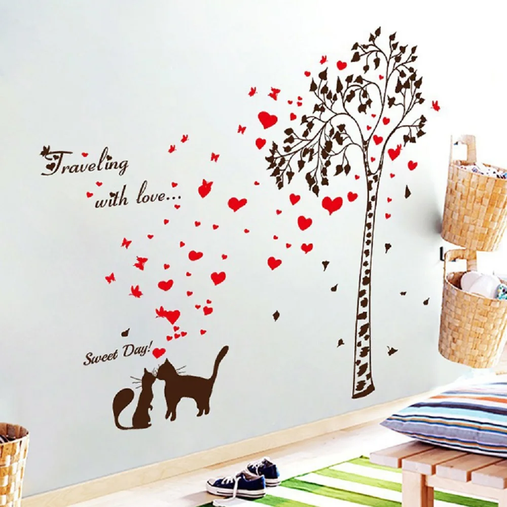 

Creative couple cats love tree large wall stickers art decals home decor bedroom diy removable mural