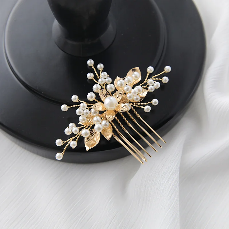 SLBRIDAL 핸드메이드 합금 꽃잎 모양 라인스톤 크리스탈 진주 브라이덜 헤어핀 세트 웨딩 헤어 악세사리 여성 헤어 장식