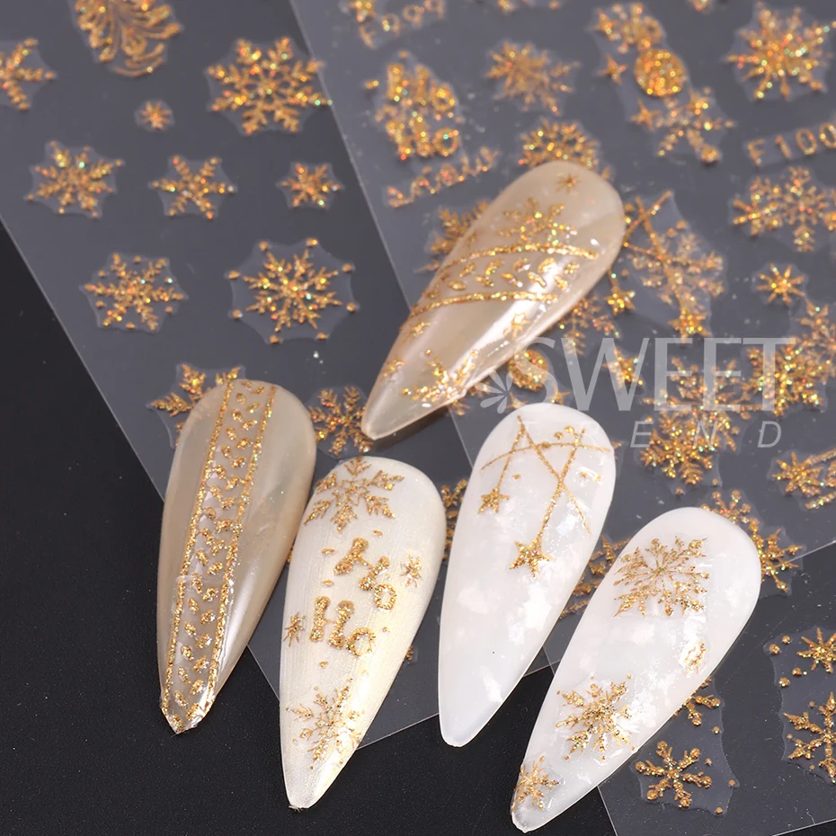 Nail Stickers 3D Gold Glitter Snowflake Nail Sticker Winter Reflective Sweater Star Dancer Christmas Tree Foil Xmas New Year Decal Tips