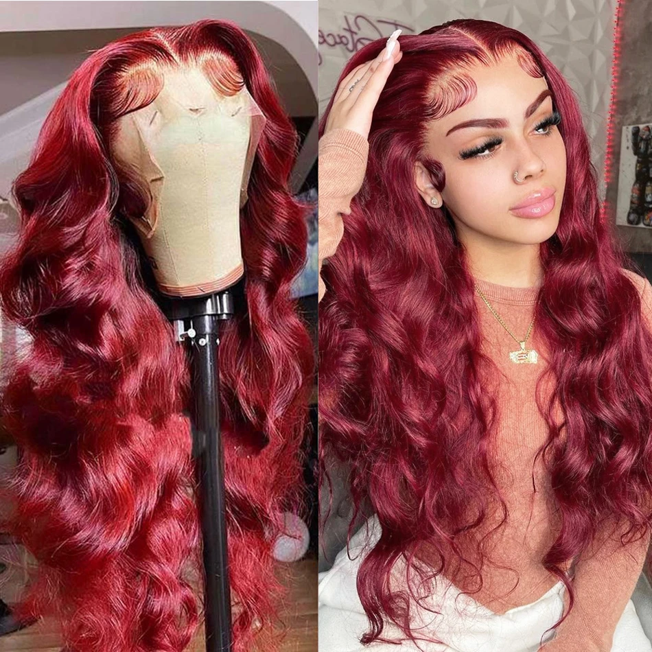 

99j Burgundy Body Wave Lace Front Human Hair Wig 30 Inch Colored Glueless Hair Wigs For Women Red 13x4 13x6 Hd Lace Frontal Wig