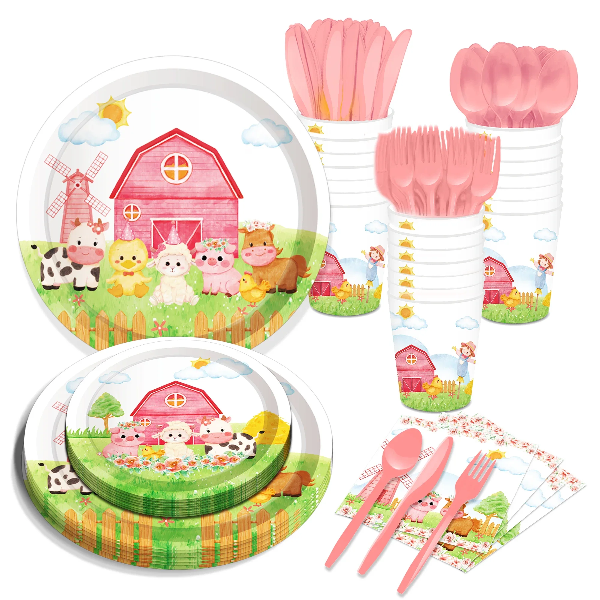 

Pink Cartoon Farm Animals Birthday Party Disposable Tableware Sets Dinnerware Cups Plates Napkins Baby Shower Party Supplies