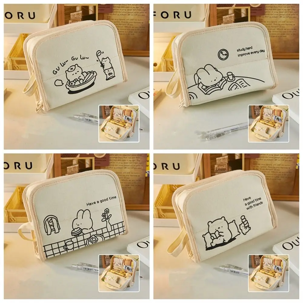 

Large Capacity Pencil Case Kids Gifts Multi-layer Multifunctional Pen Case Kawaii Bear Canvas Stationery Bag For Girls