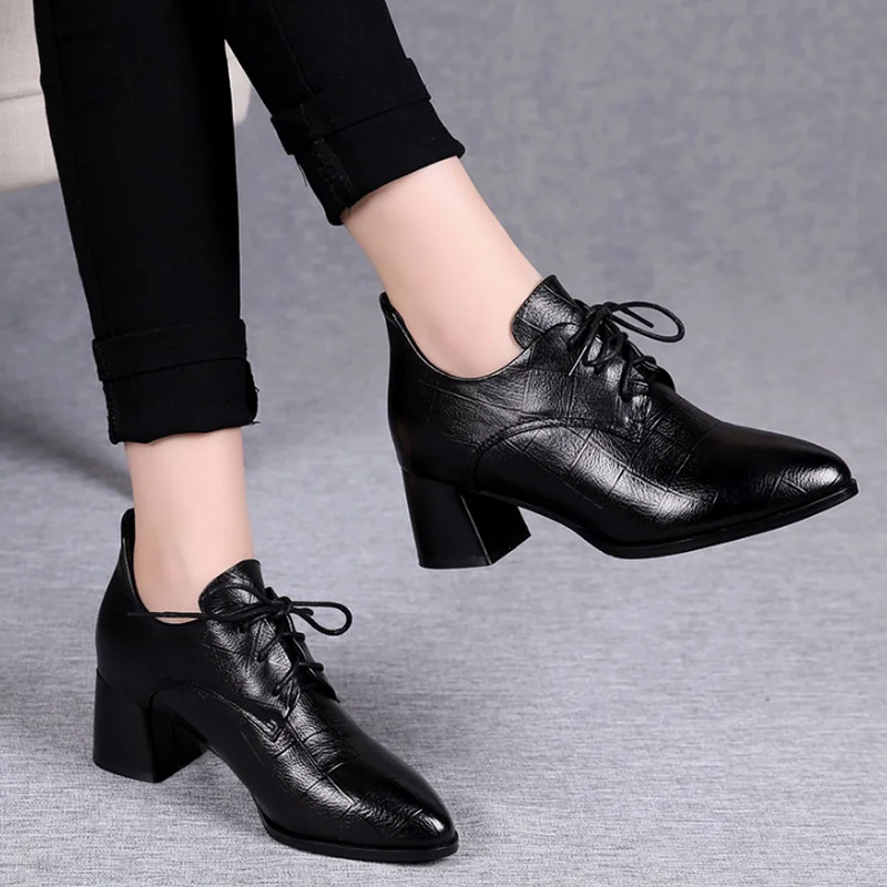 Zapatos de para mujer, calzado de trabajo de cuero PU suave, tacón grueso, punta estrecha, con cordones, color negro, Otoño, 2022|Zapatos de tacón de mujer| - AliExpress