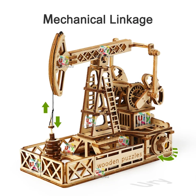 Ury 3D Wooden Puzzle Drilling Oil Wells Beam Pumping Unit Engineering Model Mechanical Kit Assembly Decor DIY Toy Gift for Adult 4