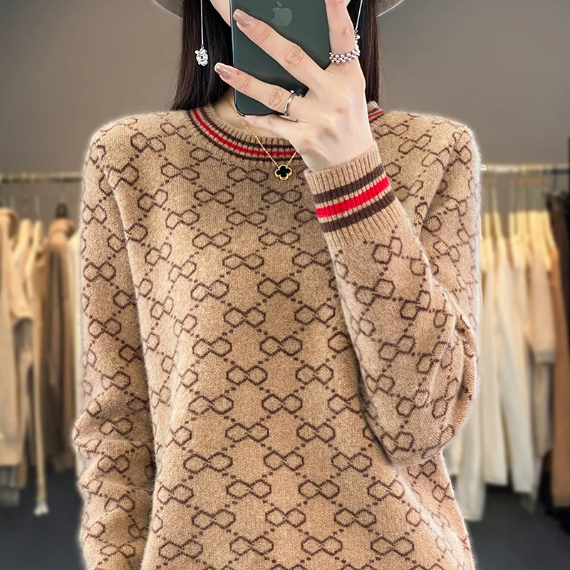 

Women's 100% Merino Wool Soft Sweater Autumn Winter O-neck Computer Jacquard Pullover Casual Knit Female Cashmere Basis Top