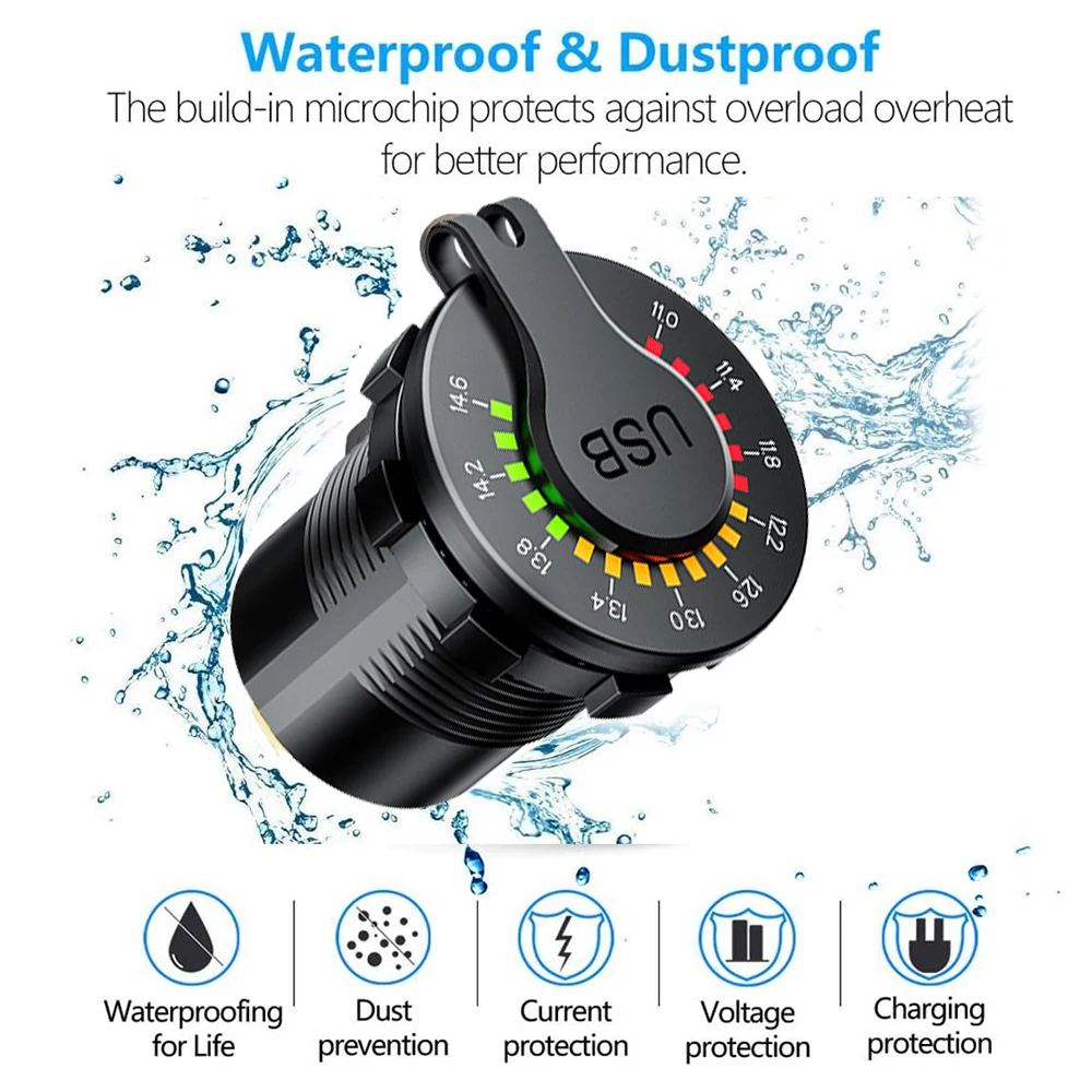 45W Dual USB Charger Socket with LED Voltmeter ON OFF Switch QC3.0 PC Type C Waterproof USB Outlet Fast Charger for 12V/24V Car 3