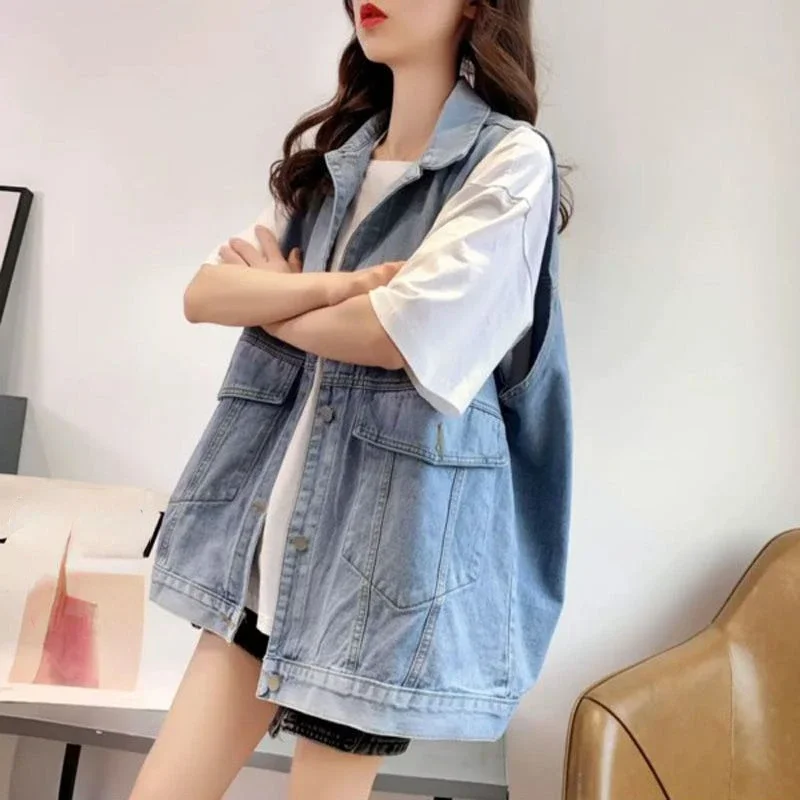 여성용 한국 패션 단추 블루 데님 조끼 가디건, 용수철 가을 그래픽 코트 셔츠, 빈티지 의류 스트리트웨어