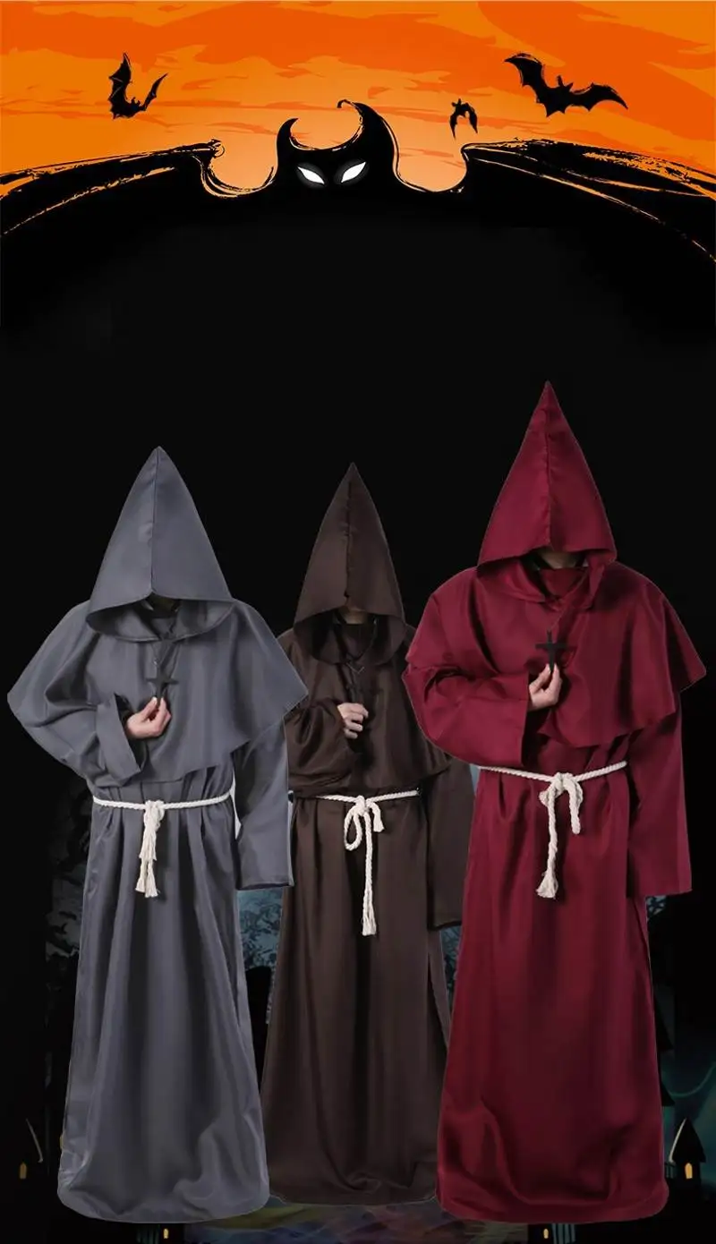 Halloween Medieval Christian Friar Priest Robe Witch Wizard Cloak Cape Party Death Ghost Vampire Devil Cosplay Costumes Clothing